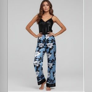 Floral Print Contrast Lace Satin PJ Set / Pyjamas Set Blue/Black